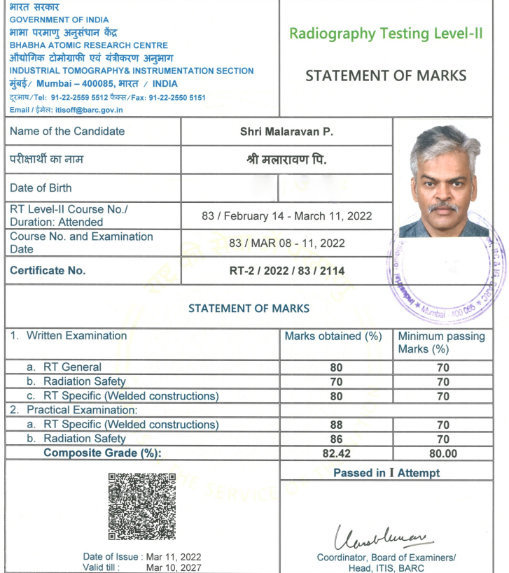 Our Director, Mr. Malaravan is now RSO certified by AERB